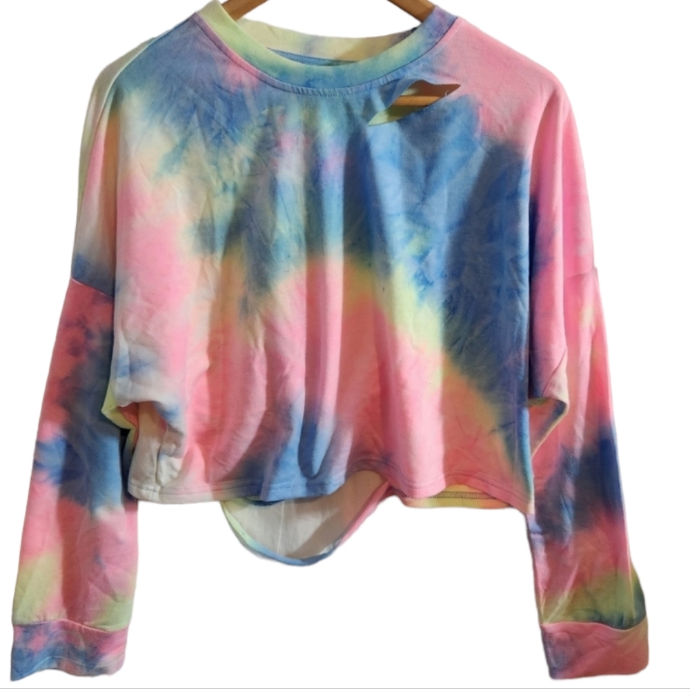 Tie-Dye Distressed Long Sleeve Crop Top Grunge Y2K Streetwear Shirt